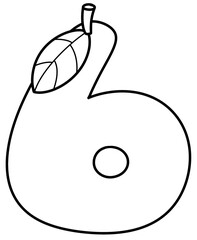 Outline doodle cartoon number 6, mango number for kids, worksheet 
