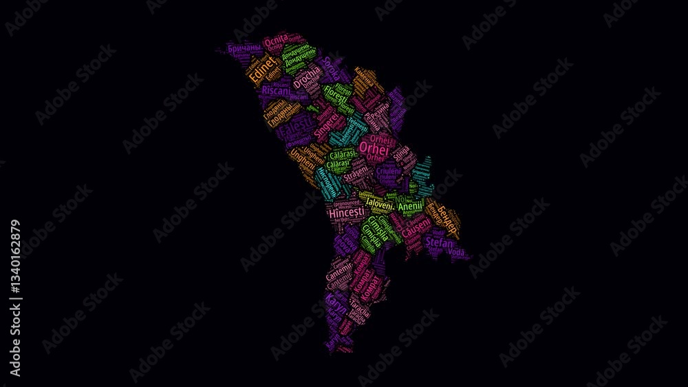 Poster moldova intro video. regions word clouds animation. moldova regions names in romanian language fadin