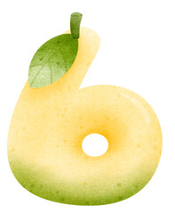 Watercolor cartoon of mango number 6 with leaves, 
Number hand drawn for kids