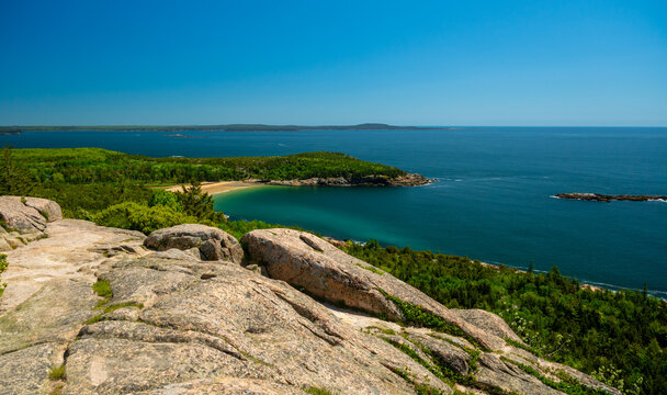 Sand Beach Seen In The Distance From The Rocks On Gorham Mountain