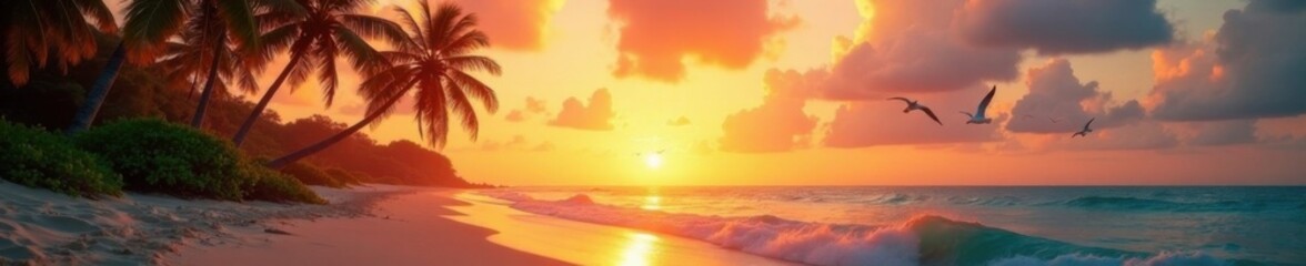 Fototapeta premium Warm sandy beach under palm trees at sunset with seagulls flying overhead, beach scene, seagull