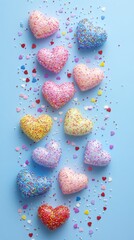 Colorful Heart-Shaped Treats with Sprinkles on Blue Background