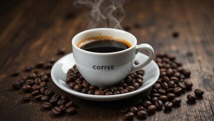 Fototapeta premium hot espresso coffee in a white ceramic cup on a small plate with coffee beans around the cup, dark mood mode