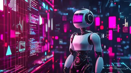Futuristic robot analyzing data on holographic displays.