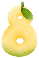 Watercolor cartoon of mango number 8 with leaves, 
Number hand drawn for kids