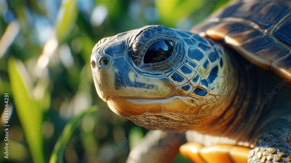 Poster close-up of a turtle with detailed shell in sunlight, green background. nature concept