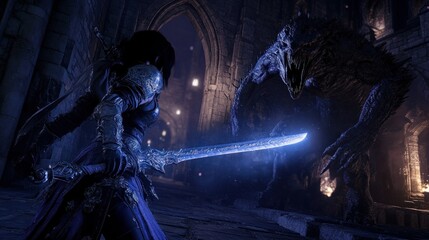 Dark fantasy warrior confronts monstrous creature in gothic cathedral