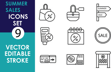 A set of 9 black outline vector icons related to summer sales, including discount tags, shopping bags, calendars, signs, tickets, a storefront, and a padlock