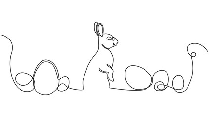 A Continuous line drawing depicts a rabbit and several eggs.