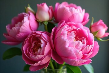 Fototapeta premium Vibrant pink peonies and roses in a fresh arrangement , floral arrangement, blooms