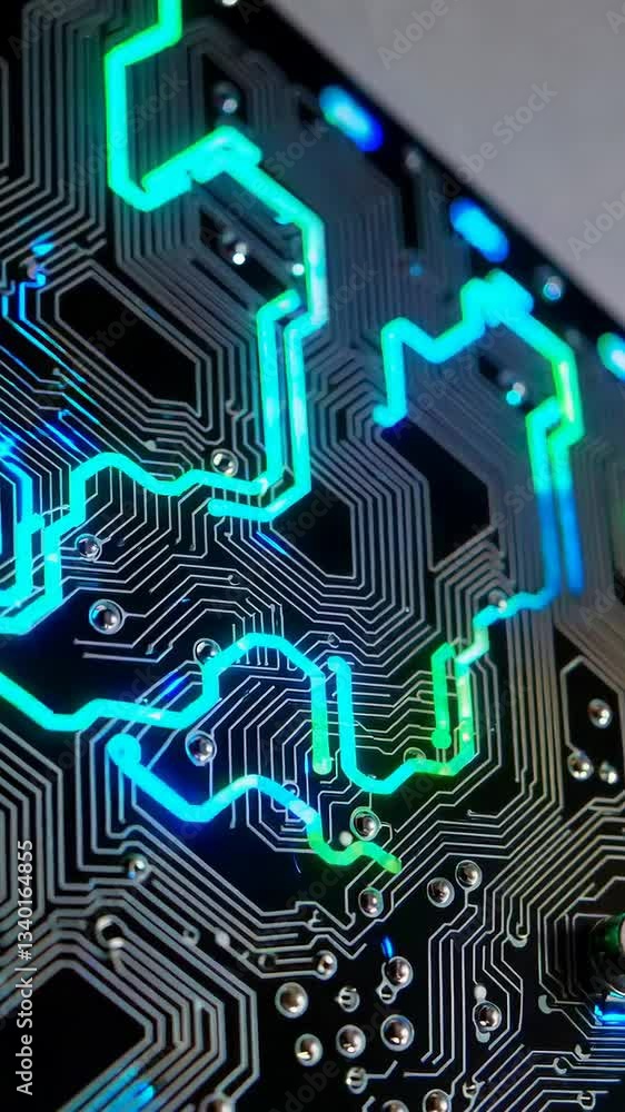 Poster glowing circuit board transition with dynamic led light patterns