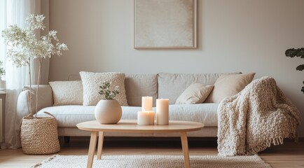 Obraz premium A serene living room with cozy decor and candles.