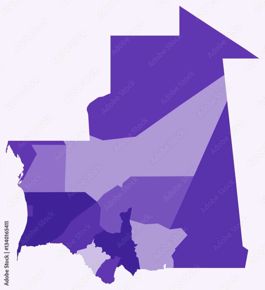 Poster map of mauritania with regions. just a simple country border map with region division. deep purple c
