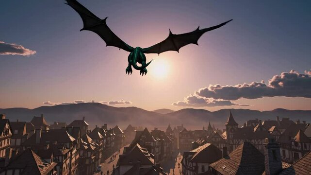A Majestic Green Dragon Soars Over an Ancient Medieval Town at Sunset, Showcasing Fantasy Elements and Breathtaking Landscapes in a High-Quality Digital Visualization