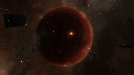 Obraz premium A massive red planet is surrounded by space vessels and stars