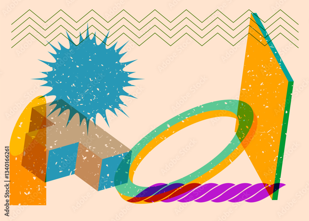 Poster colorful geometric shapes. object in trendy riso graph design. geometry elements abstract risograph 