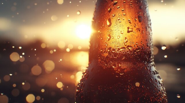 Close up of a wet beer bottle with a sunset background