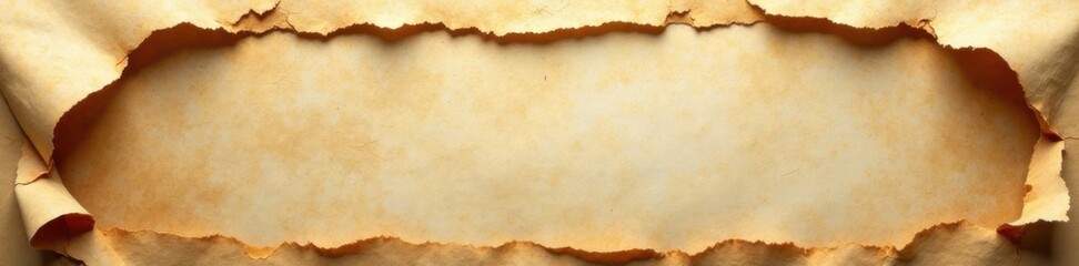 Fototapeta premium Torn paper edges reveal aged parchment layers , worn pages, paper texture