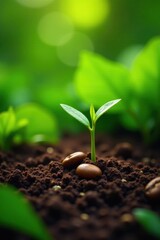 Tiny coffee seedlings emerge from coffee bean shells in a lush green garden, agriculture, plant