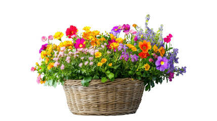 Wicker basket overflowing with colorful blooming flowers on transparent background