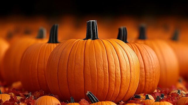 Many orange pumpkins on autumn leaves.
