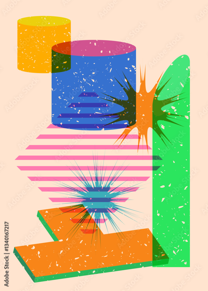 Poster colorful geometric shapes. object in trendy riso graph design. geometry elements abstract risograph 