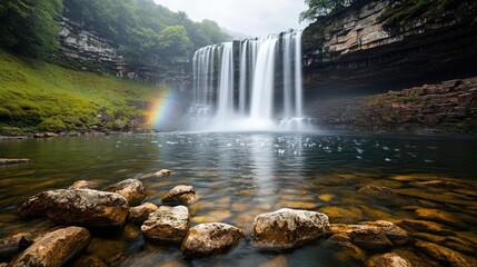 Rainbow waterfall landscapes gentle concept. A serene waterfall cascading into a tranquil pool, surrounded by lush greenery.