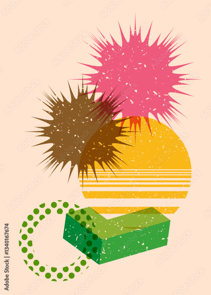 Poster colorful geometric shapes. object in trendy riso graph design. geometry elements abstract risograph 