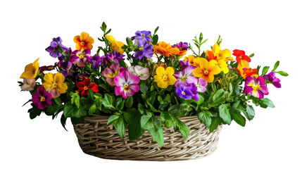 Wicker basket overflowing with colorful pansies on transparent background