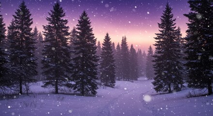 Serene winter wonderland at sunset with falling snowflakes in pine forest