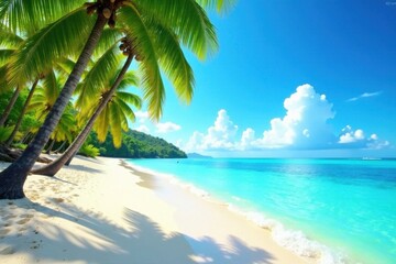 Sunny beach landscape with palm trees and crystal clear waters, ocean, beach