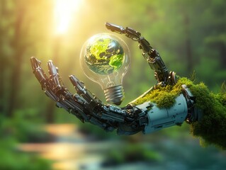 A futuristic robotic hand, covered in moss, holds a glowing light bulb with Earth inside. A breathtaking symbol of eco-technology and innovation.