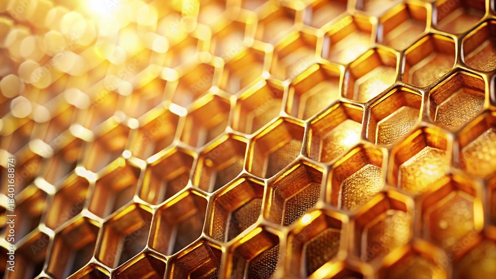 Poster golden honeycomb texture: close-up abstract beehive pattern