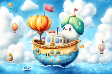 Obraz premium Whimsical Mushroom Ship Sailing on a Cloud Sea with Hot Air Balloons