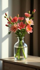 stylish glass vase on nightstand with flowers, nightstand, beauty, tableware