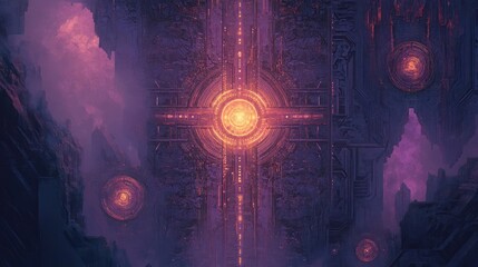 Glowing Purple And Orange Futuristic Cityscape Digital Artwork