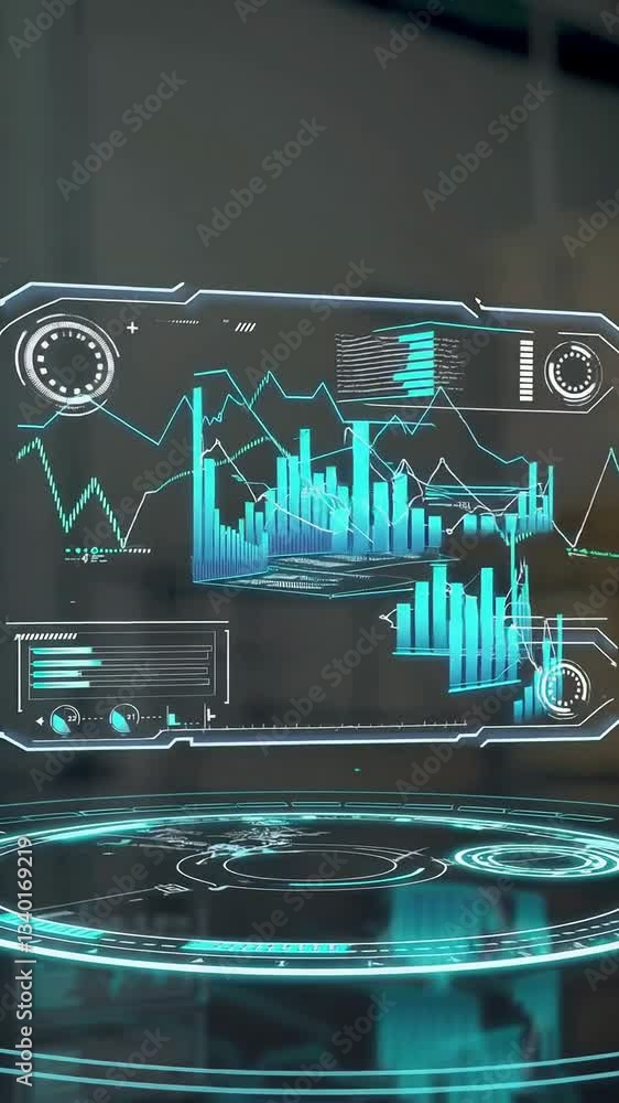 Poster futuristic data analysis with interactive holographic interface in motion