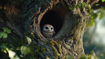 A small owl peeks out from a hole in a tree trunk