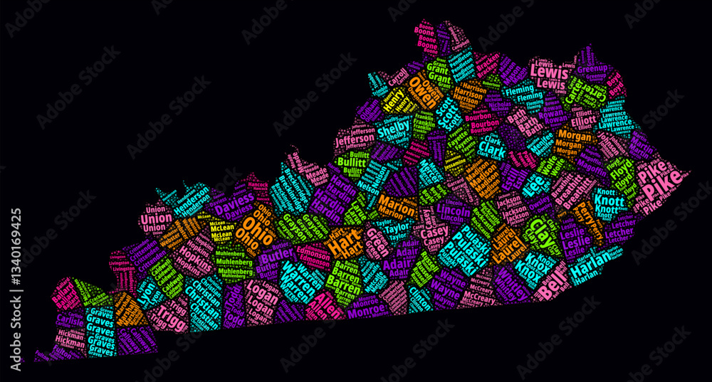 Poster kentucky word cloud. bright neon style design on dark background. region names text cloud. boundary 
