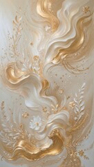 Stunning abstract background with shimmering gold and white patterns and delicate white flowers. Luxurious and dreamy aesthetic