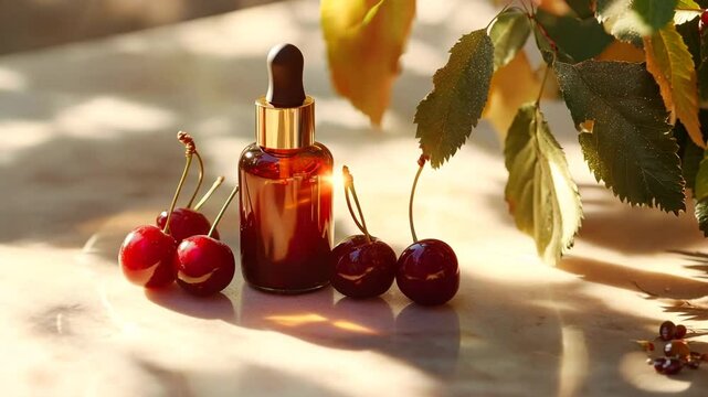 A beautifully designed amber glass dropper bottle with a gold cap, elegantly surrounded by fresh cherries on a marble surface. Sunlight and soft shadows create a warm, natural ambiance, highlighting 