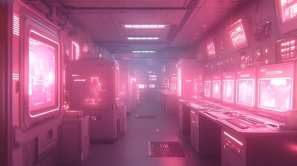 Pink futuristic lab interior with glowing screens.