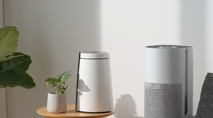 A minimalist living space featuring air purifiers and a plant.