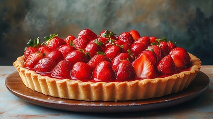 Fresh strawberry pie looks delicious on a wooden plate on the table ready to serve.

