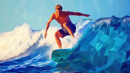 Surfer riding wave, ocean, low poly style
