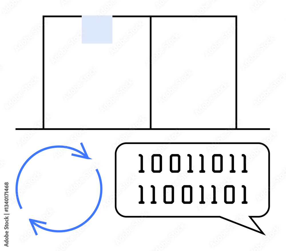 Poster two files with highlighted tab beside binary code in speech bubble and circular arrow symbolizing sy