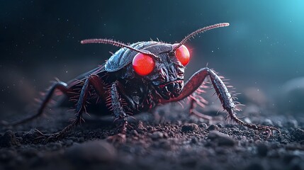Fototapeta premium Radioactive cockroach glowing under blacklight its eerie red eyes reflecting a terrifying otherworldly glow Surreal sci fi horror photography style with copy space