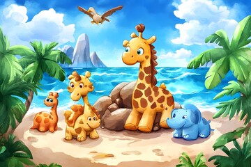 Cute Giraffes  Dinosaur  Elephant   Bird on Tropical Beach