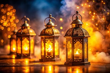 Obraz premium Golden Lanterns Glow on Smoky Night - High-Resolution Stock Photo