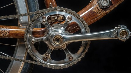 Fototapeta premium Detailed closeup of a bicycle chainset and wooden frame component
